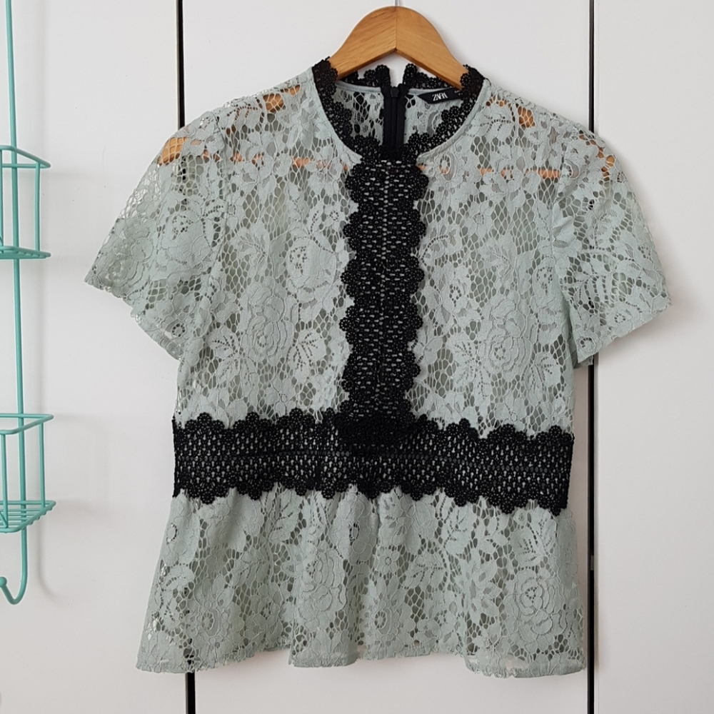 Mint and black lace top